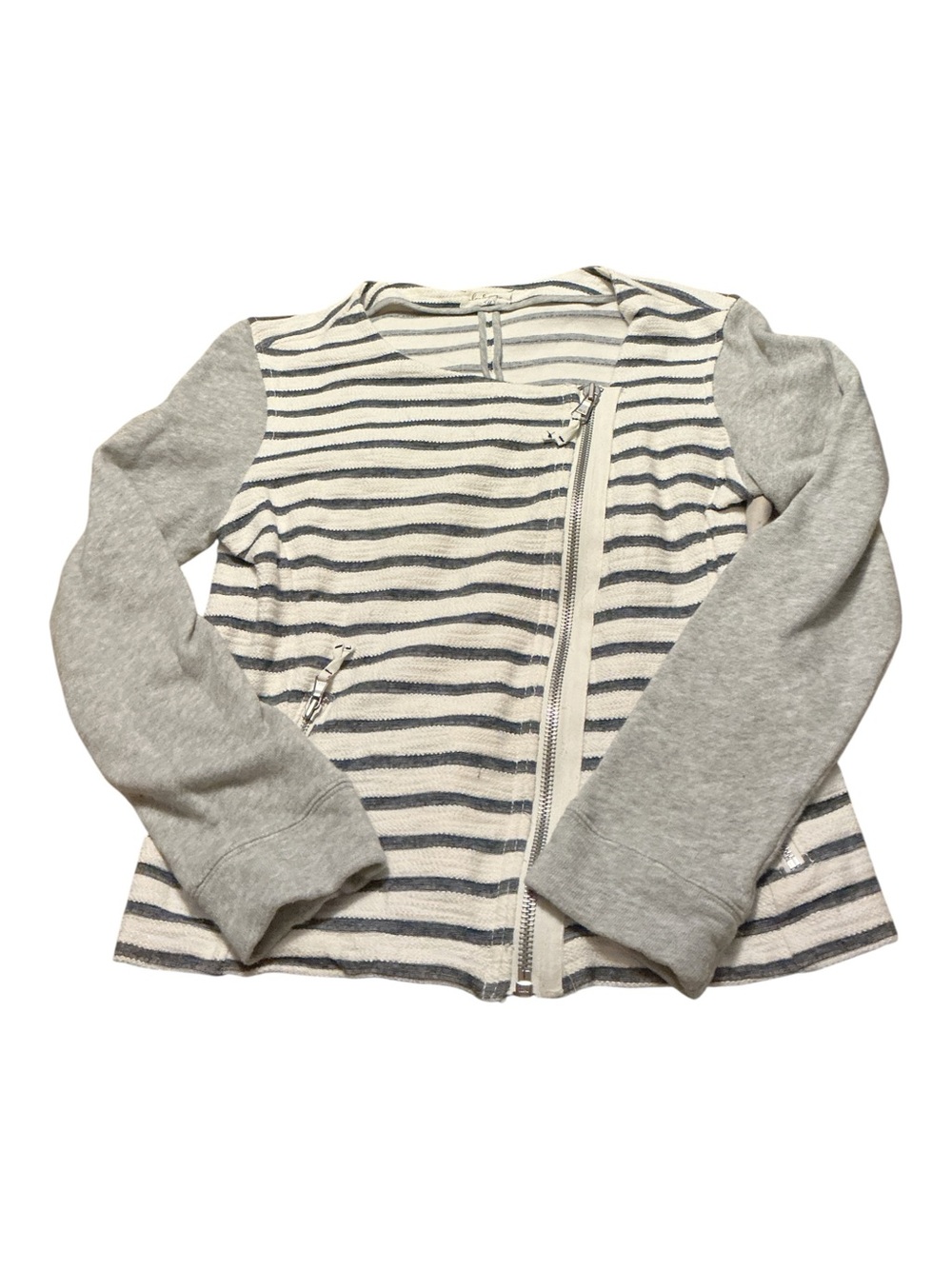 Striped Cream & Gray Zip-Front Women’s Sweater Jacket